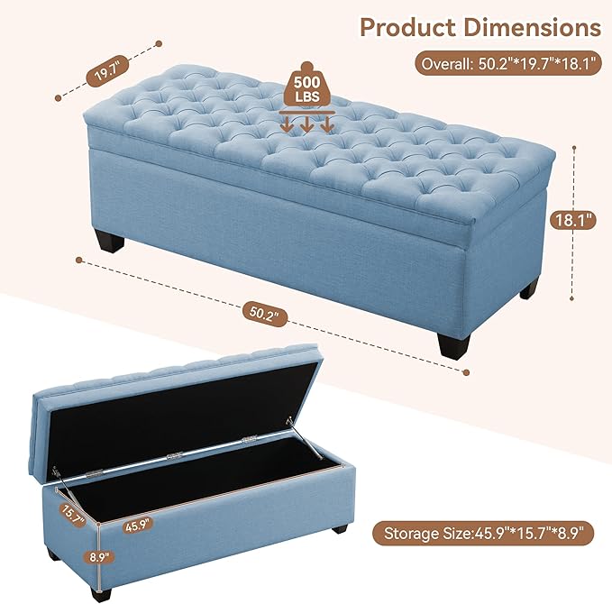 51" Fabric Storage Ottoman Bench, Upholstered Rectangle End of Bed Storage Ottoman Tufted Living Room Bedroom Bench with Safety Hinge, Solid Wood Legs, Loads 500 lb(Light Blue)-PurrikoPets