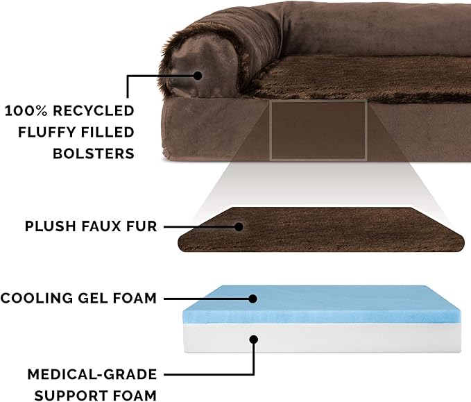 Furhaven Cooling Gel Dog Bed for Large Dogs w/ Removable Bolsters & Washable Cover, For Dogs Up to 125 lbs - Plush & Velvet L Shaped Chaise - Sable Brown, Jumbo Plus/XXL-PurrikoPets