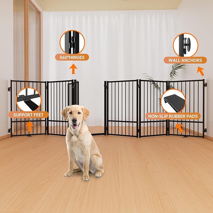Full Metal Freestanding Dog Gate with Door, 32''Height Foldable Pet Dog Fence for Indoor & Outdoor, 6 Panels Extra Wide Free Standing TallDog Gates for Doorways,House,Stairs,Porch,Deck,Yard-PurrikoPets
