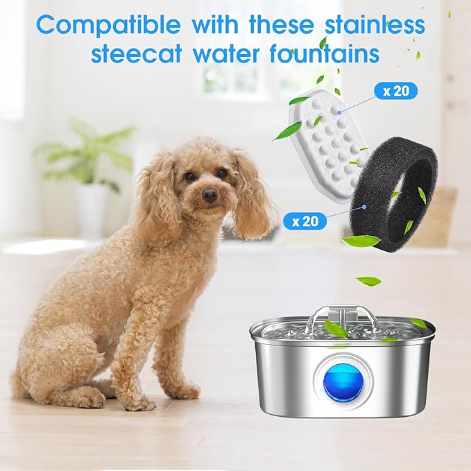 40 Pack Cat Water Fountain Filters-Cat Fountain Replacement Filters for Stainless Steel 3.2L/108oz Adjustable Water Flow Cat Fountain(20 Pack Pet Water Filter Refills+20 Pack Sponges)-PurrikoPets