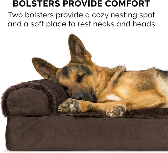 Furhaven Cooling Gel Dog Bed for Large Dogs w/ Removable Bolsters & Washable Cover, For Dogs Up to 125 lbs - Plush & Velvet L Shaped Chaise - Sable Brown, Jumbo Plus/XXL-PurrikoPets