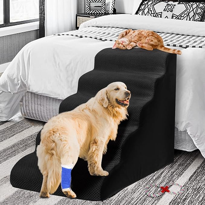 Dog Stairs&Steps for High Beds Up to 28'', 5-Step Dog Ramp for Small Medium Dogs with Washable Cover, Pet Steps for Cats to Get on Couch and Sofa, Durable Foam Ladders, 24.4" Tall, Black-PurrikoPets