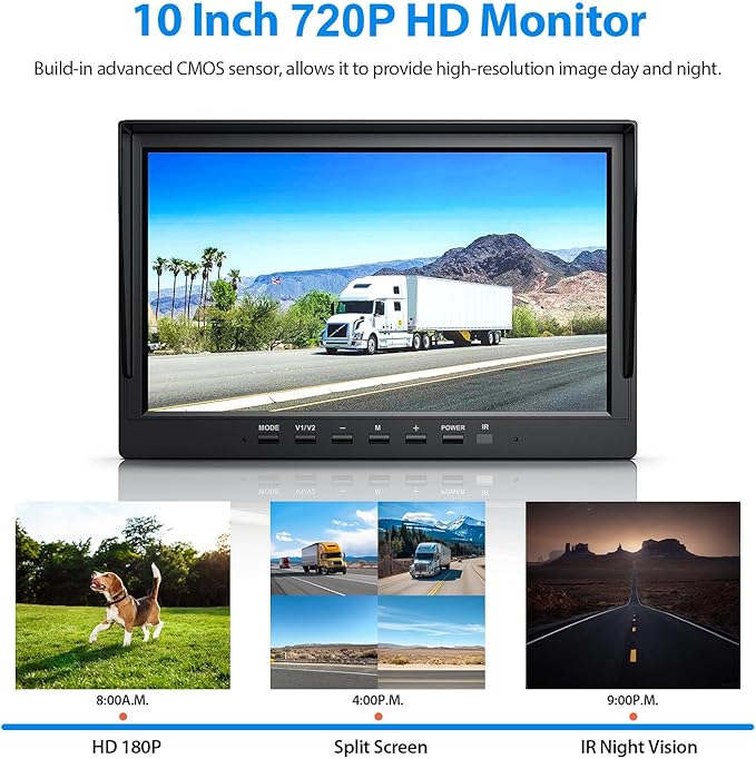 10" HD Backup Camera System Kit, Loop Recording Large Monitor with Wired Rear View Camera, IR Night Vision Waterproof Camera with Safe Parking Lines for Bus, Semi-Truck, Trailer, RV, BY104A-PurrikoPets