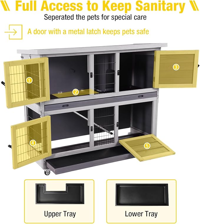 Aivituvin Rabbit Hutch Indoor, Folding Bunny Cage with Two Story, Rabbit Cage with Wheels, Anti Slip Ramp-PurrikoPets