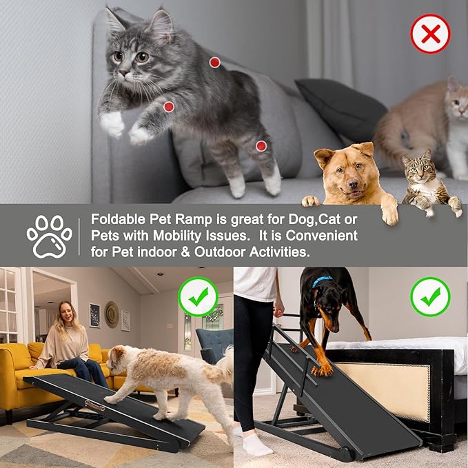 Aboron Antislip Folding Dog Ramp, Adjustable Pet Ramp for Bed/Couch/Car, Rubber Mat with High Traction, Great for Small & Large Old Dogs & Cats, Supports up to 200 lbs,63" Long-PurrikoPets
