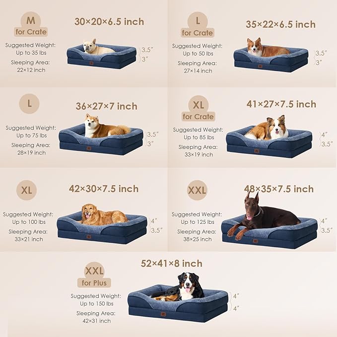 EHEYCIGA Memory Foam Dog Bed for Large Sized, Orthopedic Dog Sofa with Sides and Waterproof Liner, Washable Bolster Pet Couch with Removable Cover, 41x27x7.5 Inch, Navy-PurrikoPets