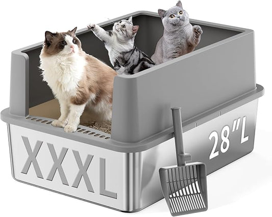 28" Extra Large XXL Stainless Steel Cat Litter Boxes with Lid Metal Cat Litterbox Pan for Big Cats and Multiple Cats, Anti-Leakage, Easy Cleaning, Include Scoop-PurrikoPets