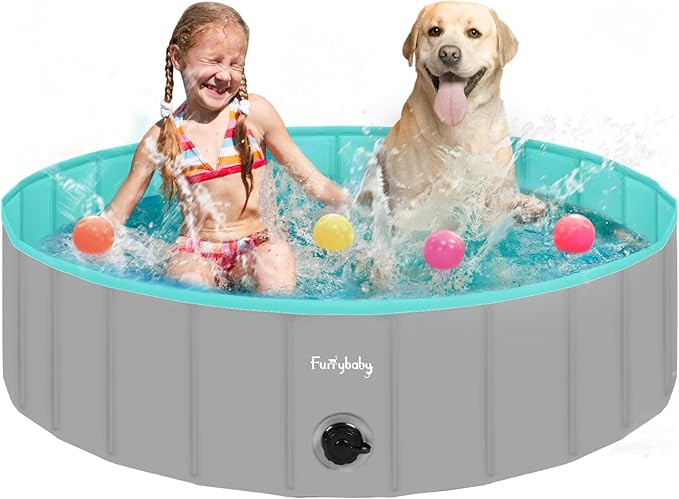 Furrybaby Dog Pool, Kiddie Pool Hard Plastic Foldable Dog Pools for Large Dogs Portable Pet Doggie Wading Swimming (Grey 47'') Indoor and Outdoor-PurrikoPets