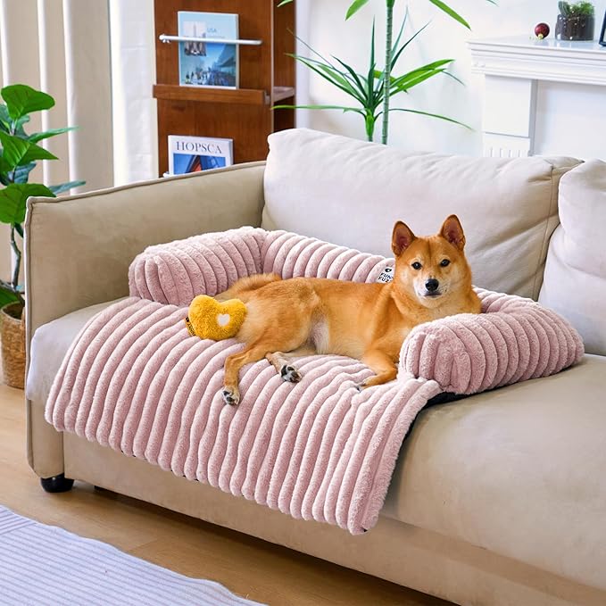 FUNNY FUZZY Pet Couch Cover for Sofa, Calming Dog Bed for Couch, Fluffy Plush Dog Couch Mat for Furniture Protector for Large Medium Small Dogs and Cats, Pink-PurrikoPets