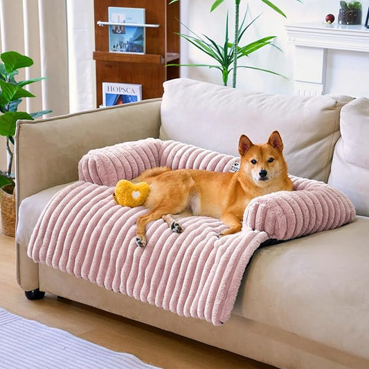 FUNNY FUZZY Pet Couch Cover for Sofa, Calming Dog Bed for Couch, Fluffy Plush Dog Couch Mat for Furniture Protector for Large Medium Small Dogs and Cats, Pink-PurrikoPets