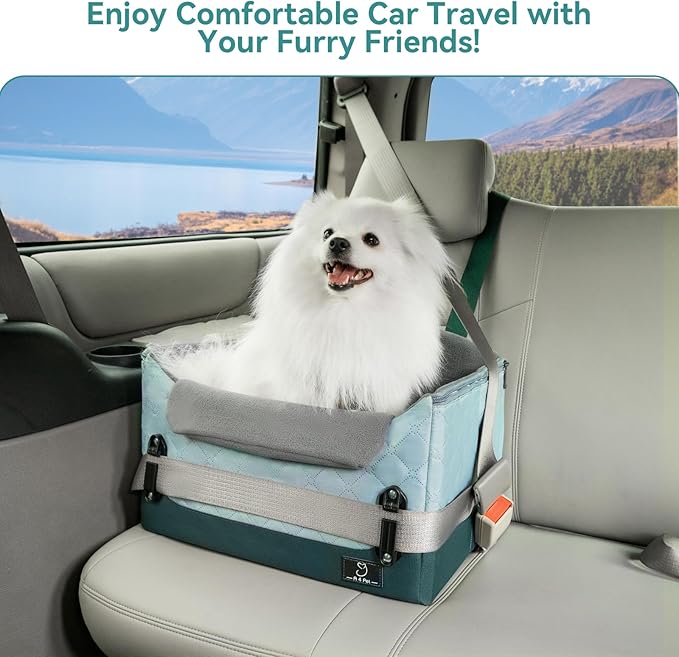 A 4 Pet Dog Car Seats for Small Dogs, Booster Car Seat with Patent Buckles & Clip-On Safety Leash, Pet Seat for Puppy Small Dogs Cats Under 25 Lbs, Green-PurrikoPets