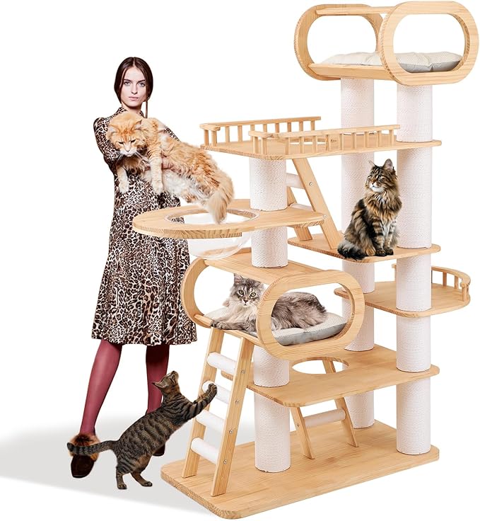 76.8'' Tall Modern Large Cat Tree,Multi-Level Wood Cat Tower for Indoor Cats Large Adults,Luxury Heavy Duty Cat Condo with Cushion,Scratching Posts,Clear Hammock Activity (76.8inch)-PurrikoPets