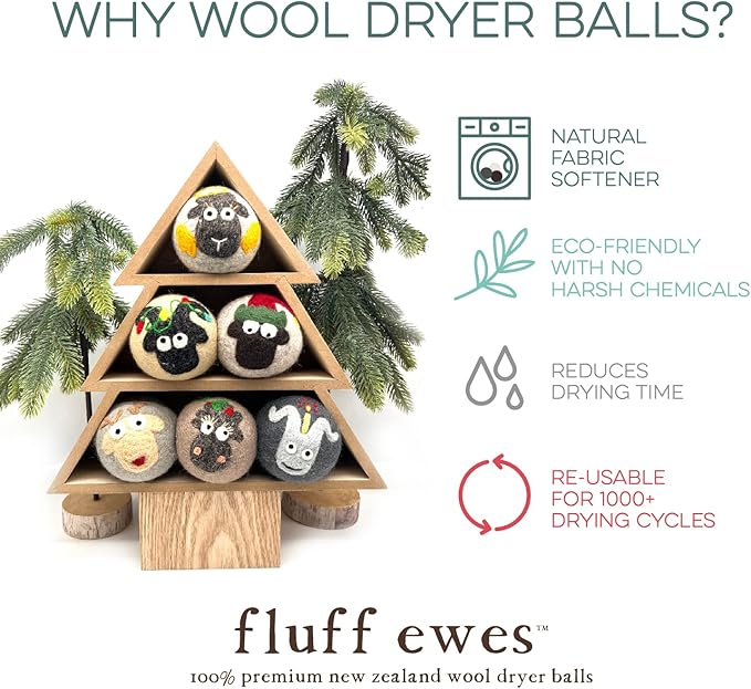 Fluff Ewes Wool Dryer Balls 6 Pack Premium New Zealand Wool Laundry Balls for Dryer, No Static Dryer Balls Laundry Reusable, XL Christmas Dryer Balls, Holiday Dryer Balls - Sheep in Heavenly Peace-PurrikoPets