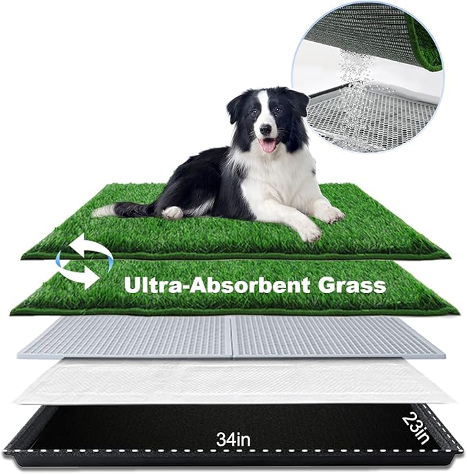 Dog Grass Pad with Tray Large 34’’×23’’, Dog Potty with Ultra-Absorbent Artificial Grass for Dogs with Hemmed Edge, Pee Pads for Dogs, Realistic, Odor Free, Litter Box for Balcony-PurrikoPets