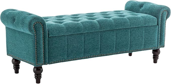 58’’ Storage Bench for Bedroom, Upholstered Button-Tufted Ottoman with Solid Wood Legs, Queen Size End of Bed Shoe Cabinet, Window Seat Foot Rest Stool for Entryway, Living Room (Teal)-PurrikoPets