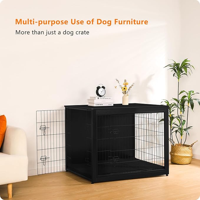DWANTON Dog Crate Furniture with Cushion, Wooden Kennel Table with Double Doors, Indoor Dog House, Extra Large Size, 43.3" L, Black-PurrikoPets