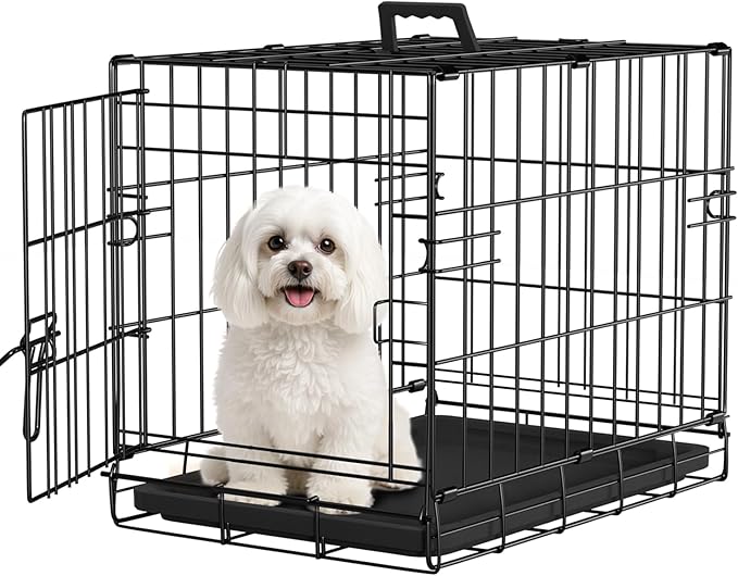 FDW Dog Crate for Small Dogs 18 Inch Folding Metal Wire Pet Cage Double Door W/Divider Panel Indoor Outdoor Kennel Leak-Proof Plastic Tray,Black-PurrikoPets