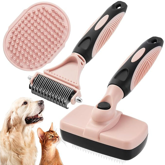 3PCS Cat & Dog Brush Set: Slicker & Deshedding Brush, Dematting Comb, and Bath Brush – Premium Grooming Tools for Shedding & Tangle-Free Fur (pink)-PurrikoPets