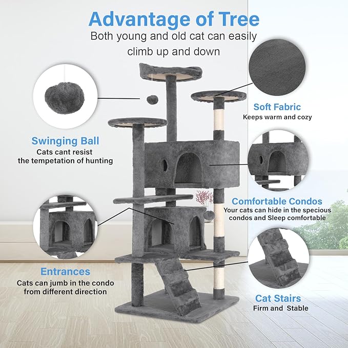 FDW Cat Tree 54in Cat Tower Multi-Level Durable Cat Scratching Post & Cozy Fun Cat Jumping Platform Space Saving Cat Condo Pet Play House for Indoor Cats,Light Gray-PurrikoPets