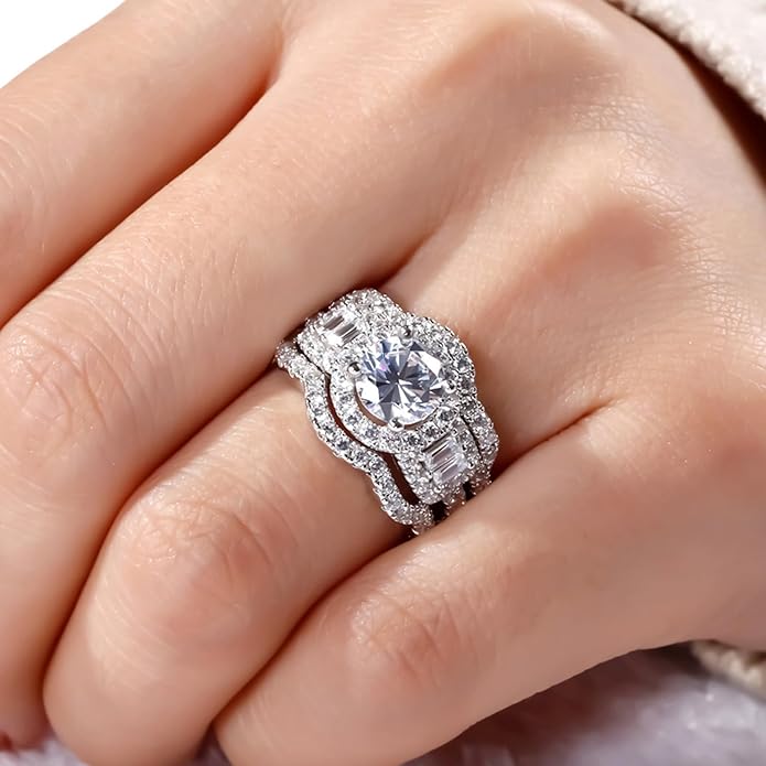 Jeulia 2 Carat Engagement Halo Rings for Women Sterling Silver Round Cut Bridal Set Cubic Zirconia Wedding Diamond Band Rings Promise Anniversary Rings for Her