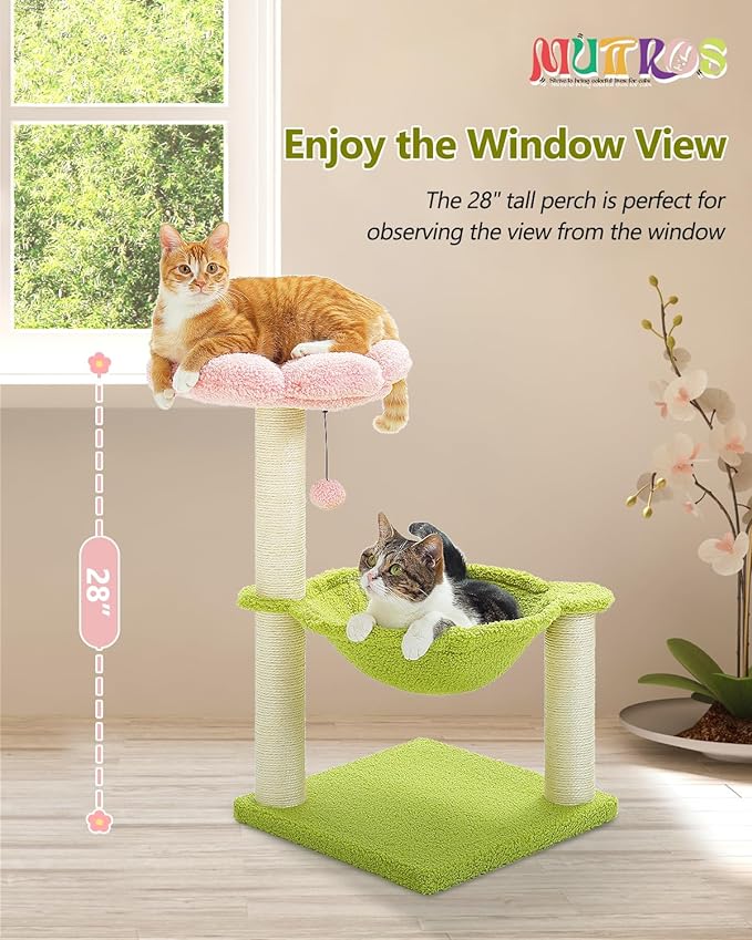 Flower Cat Tree, 28" Cat Tower with Cozy Flower Perch, Large Hammock for Indoor Small Cats, Cute Cat Tree with Sisal Scratching Post and Fur Toy Ball for Kittens, Pink-PurrikoPets