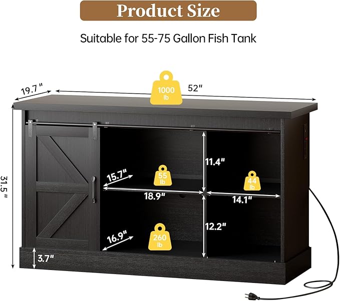 55-75 Gallon Fish Tank Stand with Sliding Barn Doors & Power Outlet, Heavy Duty Aquarium Stand with Cabinet Storage for Fish Tank, Turtle Tank, Reptile Terrarium, 1000LBS Capacity, Black-PurrikoPets