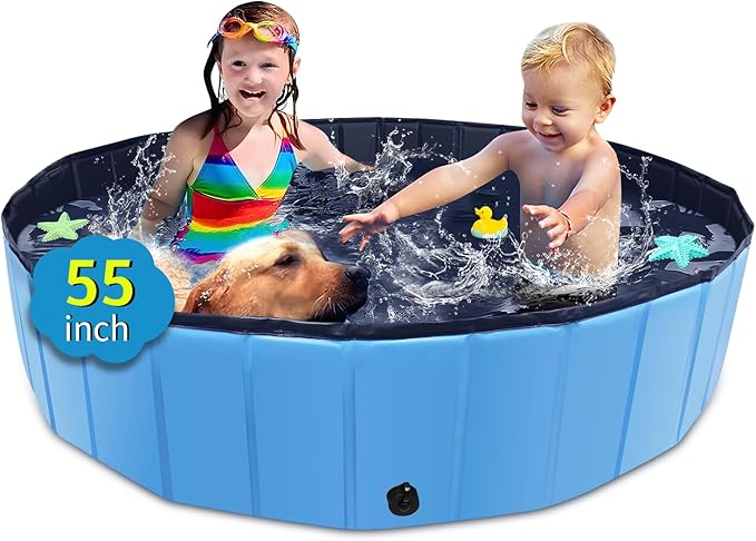 Foldable Dog Pool, 55" x 12" Kiddie Pool with Hard Plastic, Non-Slip Dog Bath Tub for Outdoor Backyard, Collapsible Dog Swimming Pool for Kids Dogs Pets (Blue)-PurrikoPets