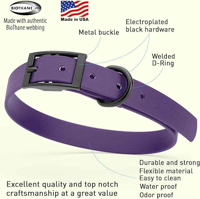Dogline Biothane Waterproof Dog Collar Strong Coated Nylon Webbing with Black Hardware Odor- Proof for Easy Care Easy to Clean High Performance Fits Small Medium or Large Dogs, Violet Purple-PurrikoPets