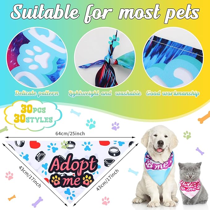 30 Pcs Dog Bandanas Bulk Pet Bibs Colorful Triangle Scarf Pet Bandanas for Medium Large Dogs Spring Summer Birthday Costume Decoration (Adopt Me)-PurrikoPets