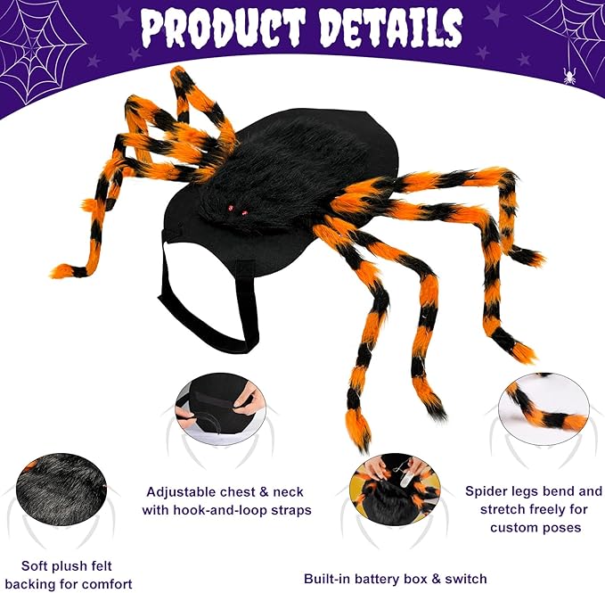 Dog Halloween Costume Large Breed, Furry Dog Spider Costume with 64 LED, Funny Halloween Dogs Costumes for Large Dogs Medium Pet Halloween Party Cosplay (Orange)-PurrikoPets