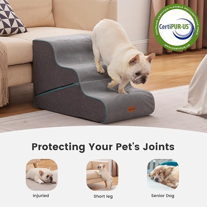 Gardner Pet Dog Stairs for Small Dogs 16.5" H, 2 in 1 Transformable 3-Step Pet Stairs and ramp, Dog Steps for Couch (13-20 in) with Durable Non-Slip Waterproof Cover and CertiPUR-US Certified Foam-PurrikoPets