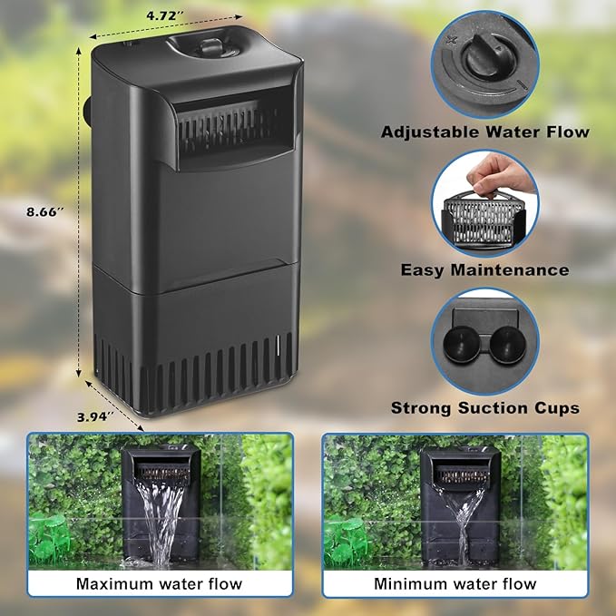 222GPH 10W Turtle Tank Filter Aquarium Filter Power Adjustable 10-40 Gal. Small Internal Filter 3-Stage Waterfall Bio-Filtration Quiet Low Water Level for Freshwater Saltwater Fish Tank Easy to Clean-PurrikoPets