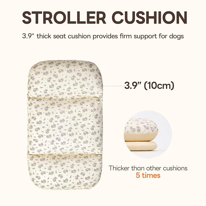 Dog Stroller Cushion & Mat, Pet Stroller Cushion for Dogs & Cats, 5-Level Waterproof & Removable Inner Core, Dog-Ergonomic 3-Zone Support, 4-inch Thickness (Flower Set)-PurrikoPets