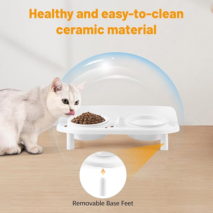 Elevated Cat Bowls, Tilted Rised Cat Food and Water Bowl with 2 Pcs Ceramic Pet Bowls, Rised Stand, Pet Dish Anti Vomiting Feeding Station for All Sized Cats & Small Dogs (White)-PurrikoPets