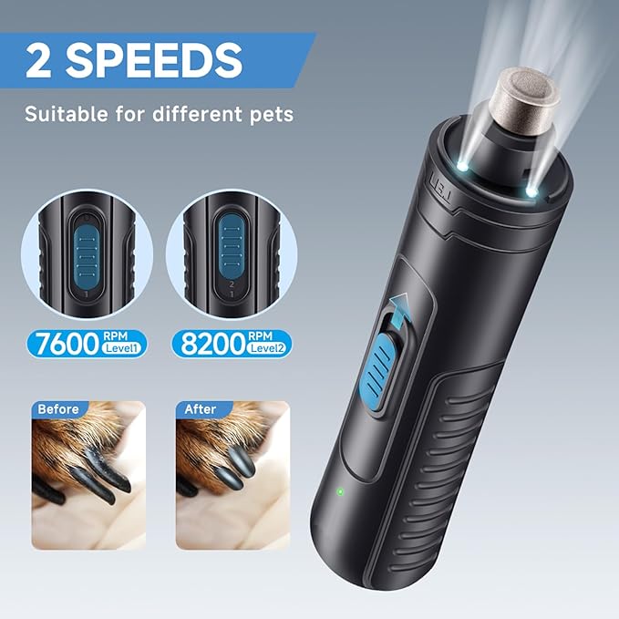 Dog Nail Grinder Quiet 2-Speed Pet Nail Grinder with 3 Led Lights and 3 Ports Rechargeable Electric Dog Nail Trimmer for Large and Small Dogs/Cats and Small Animals Safe (Black)-PurrikoPets