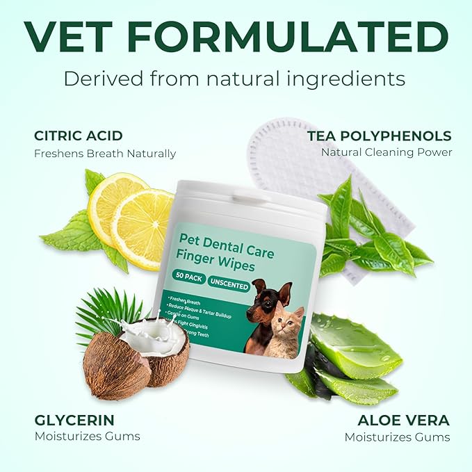 Dog Teeth Cleaning Wipes 50 Pack, Reduces Plaque and Freshens Breath, Dog Dental Wipes Dog Tooth Brushing Kit, No-Rinse Dog Toothbrush Finger Wipes Dental Care for Dogs Cats-PurrikoPets
