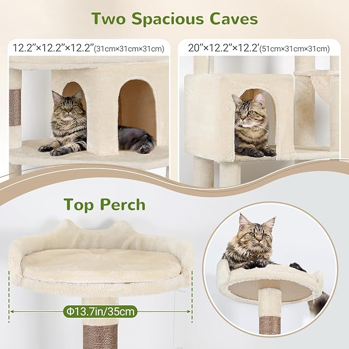 Globlazer Heavy Duty Cat Trees for Large Cats, Sturdy 72in Maine Coon Cat Tree for Large Cat 20 lbs+ Heavy Duty Cat Tower for Adult Biggest Cats with 6 Scratching Posts, Hammock, S72, Beige-PurrikoPets