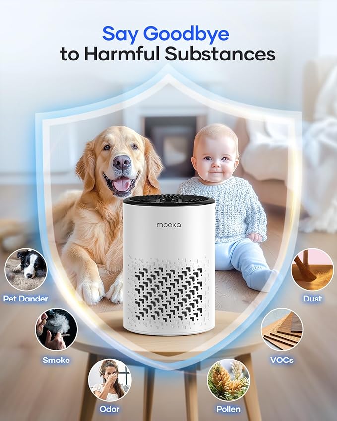 Air Purifiers for Bedroom Home, MOOKA HEPA Air Purifier for Home Pets with Fragrance Sponge for Smoke Dust Pollen Dander Odor, Small Air Cleaner with Sleep Mode Night Light Timer, KJ067L, White-PurrikoPets