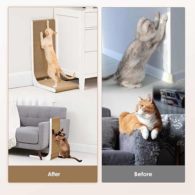 EHEYCIGA Cardboard Cat Scratcher for Indoor Cats, 32 Inch L Shaped Vertical Cat Scratching Board with Ball Cat Toy, Extra Large Cat Scratcher Pad, White-PurrikoPets