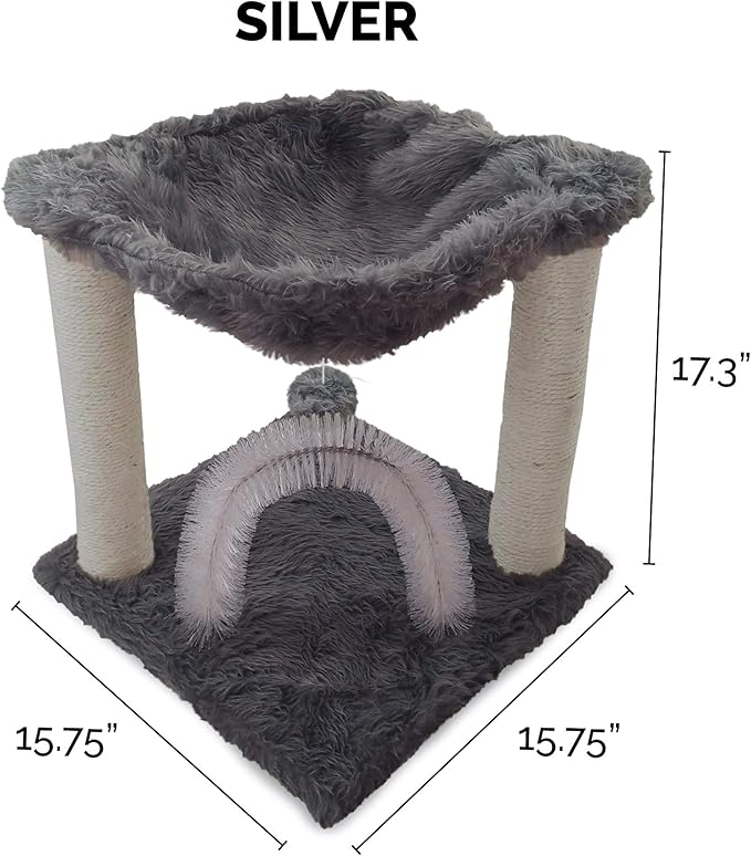 Furhaven 15.75" Tall Playground for Indoor Cats, Ft. Sisal Scratching Posts, Self-Grooming Brush, & Toy - Tiger Tough Hammock Interactive Playground - Silver, One Size-PurrikoPets