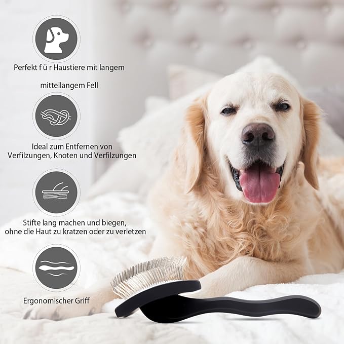 Dog Slicker Brush for Shedding and Grooming Medium or Long Haired Cats, Extra Long & Soft Pin Slicker Brush for Removes Loose Hair, Tangles, Knots, Undercoat, Free Pet Comb, Large Black-PurrikoPets