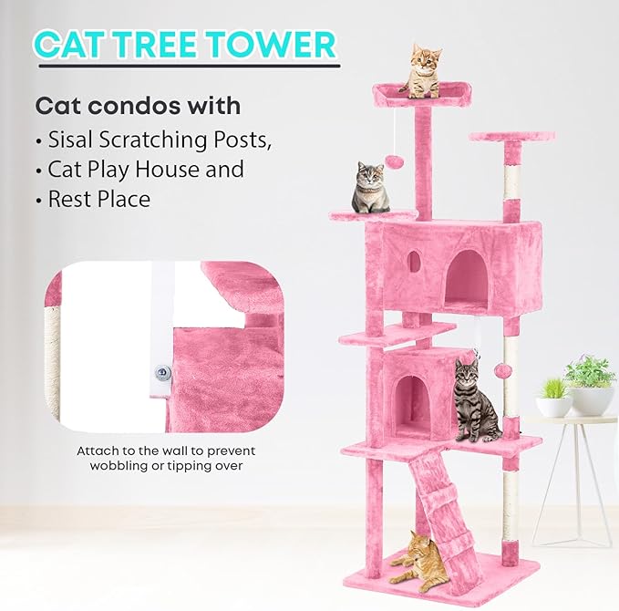 FDW Cat Tree 70in Cat Tower Multi-Level Durable Cat Scratching Post & Cozy Fun Cat Jumping Platform Space Saving Cat Condo Pet Play House for Indoor Cats,Pink-PurrikoPets