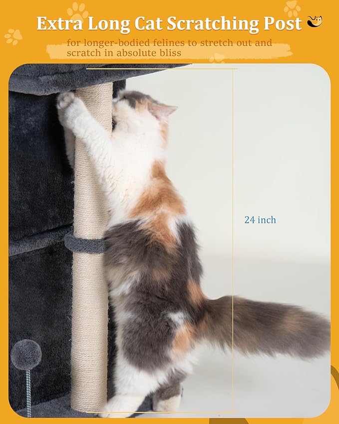 24in Cat Tree Tower with Scratching Post, 19 * 16.5in Window Perch for Large Cats, 2 Cat Condo Cubbies for Indoor Kittens, Dark Gray-PurrikoPets
