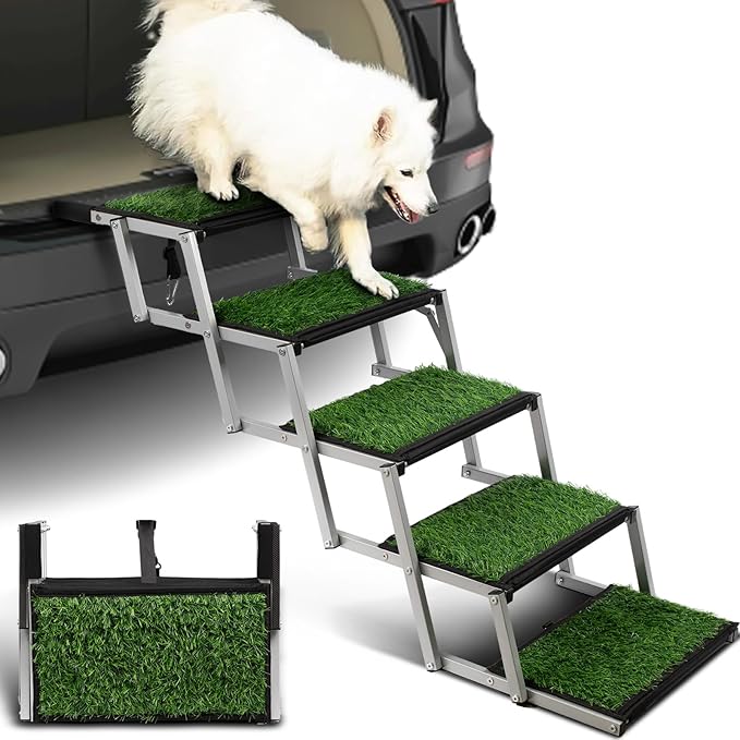 Dog Stairs for Car, Portable Folding Dog Ramps,Dog Steps for Large Dogs with Non-Slip Grass Rug for Cars, SUV, Trucks, Lightweight Pet Ramp Supports Up to 200 lb, 5 Steps-PurrikoPets