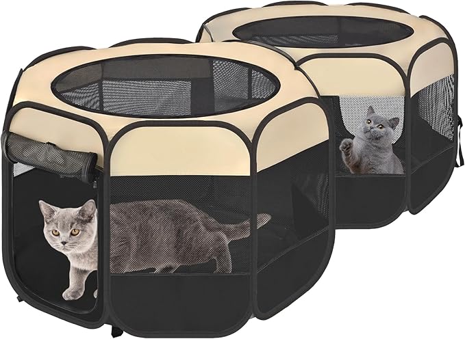 EighteenTek 2-in-1 Pop Up Cat Playpen, Assembly-Free Dog Puppy Pet Playpen, Indoor Outdoor Cats Enclosed, Cat Tent House Crate Cage, Portable & Foldable Playpen for Kittens(No Divider, Unified Space)-PurrikoPets