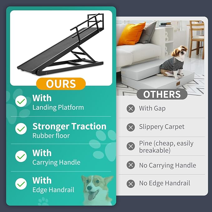 Dog Ramp, 5 Level Adjustable Height Folding Pet Ramp for High Bed, Portable Paw Ramps Large Bed Ramp for Medium & Large Old Dogs & Cats - Natural Wood Furniture Quality-PurrikoPets