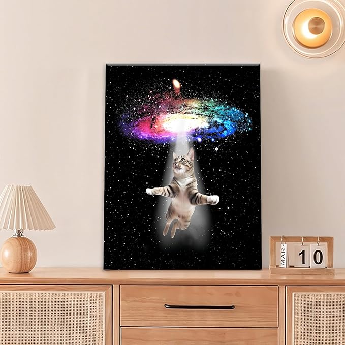 Funny Cat Wall Art Canvas Galaxy Wall Decor Prints Framed Painting Animal Pictures Gifts Artwork for Bathroom Living Dining Kitchen 12"x16"-PurrikoPets