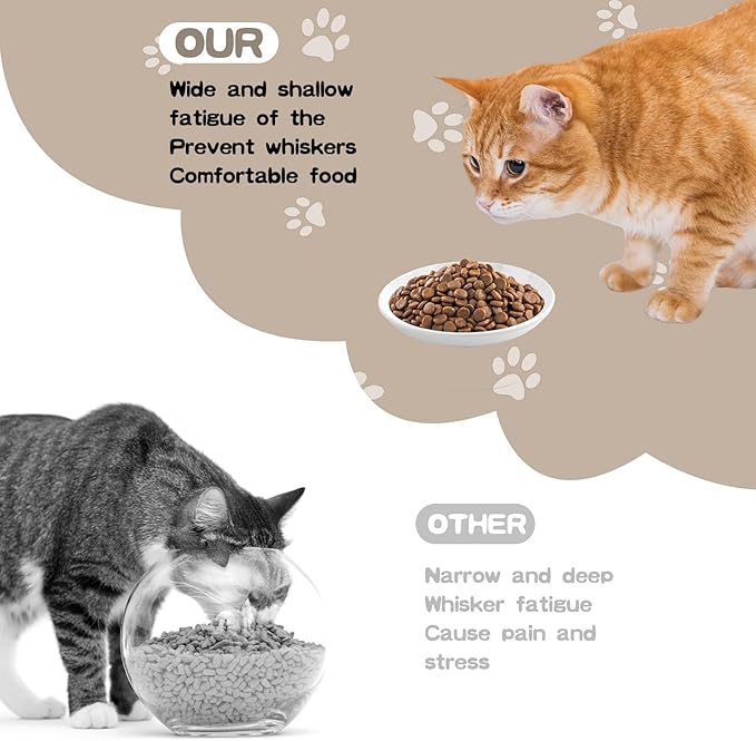 6 Pack Cat Food Bowl, Ceramic Cat Bowls, Anti Whisker Fatigue Cats Bowl Set,5.5 Inches Shallow Wide Kitten Plates for Food and Water (Cat's Paw+Fishbone)-PurrikoPets