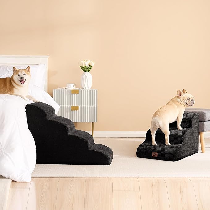 EHEYCIGA Curved Dog Stairs Ramp for Small Dogs 15.7" H, 3-Step Dog Steps for Couch Sofa and Chair, Pet Stairs for Cats, Non-Slip Balanced Pet Steps Indoor, Black-PurrikoPets
