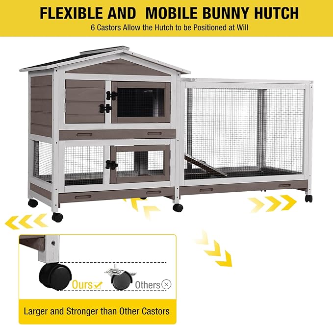 Aivituvin Rabbit Hutch 62" Rabbit Cage Indoor Outdoor Chicken Coop Guinea Pig Cage on Wheels Bunny Cage with 3 Deep No Leakage Pull Out Tray,Waterproof Roof (Brown)-PurrikoPets